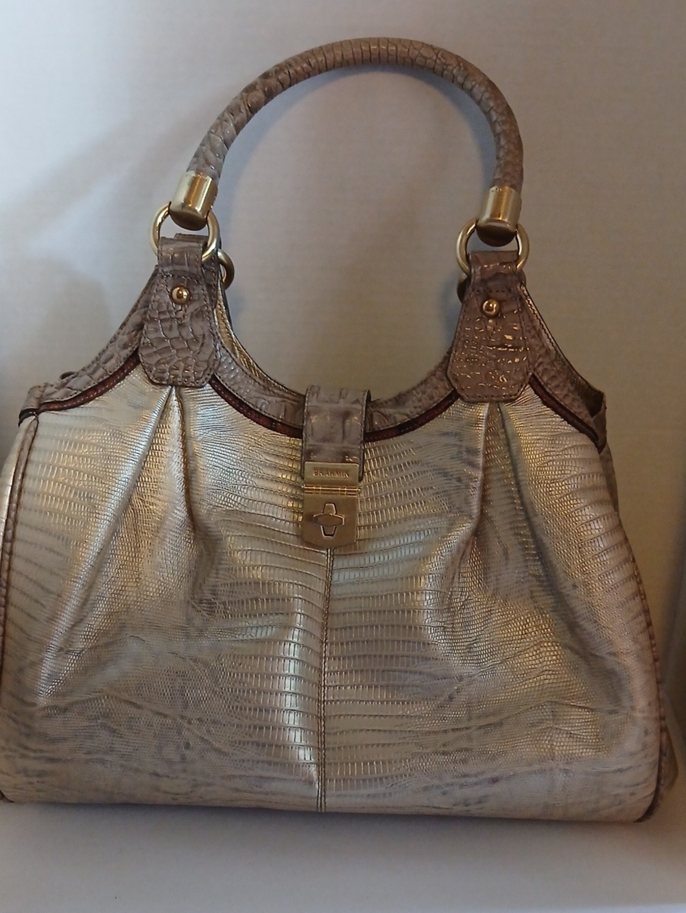 Brighton Metallic Taupe Textured Shoulder Bag with Gold Hardware